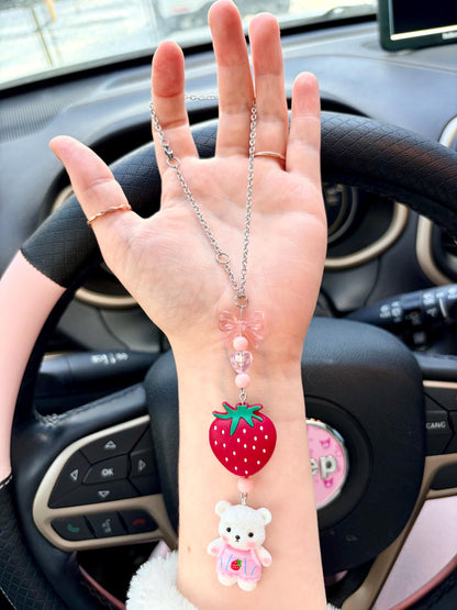 Strawberry Teddy Bear Rearview Mirror Dangler Accessory