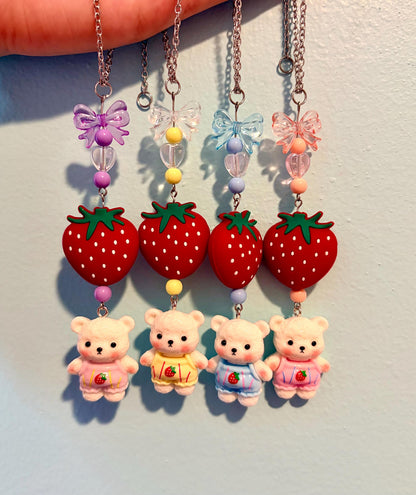 Strawberry Teddy Bear Rearview Mirror Dangler Accessory