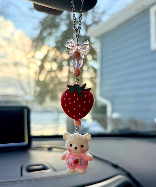 Strawberry Teddy Bear Rearview Mirror Dangler Accessory