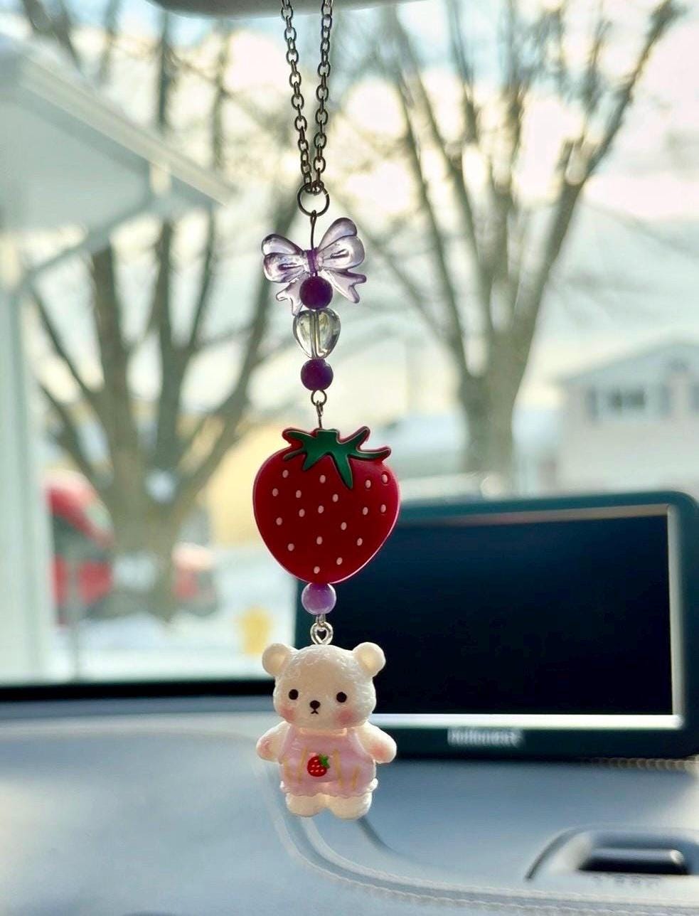 Strawberry Teddy Bear Rearview Mirror Dangler Accessory