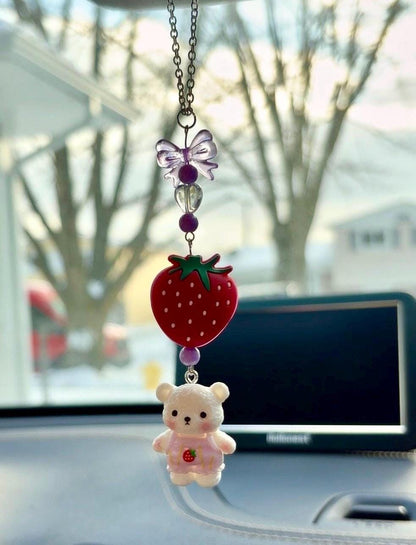 Strawberry Teddy Bear Rearview Mirror Dangler Accessory