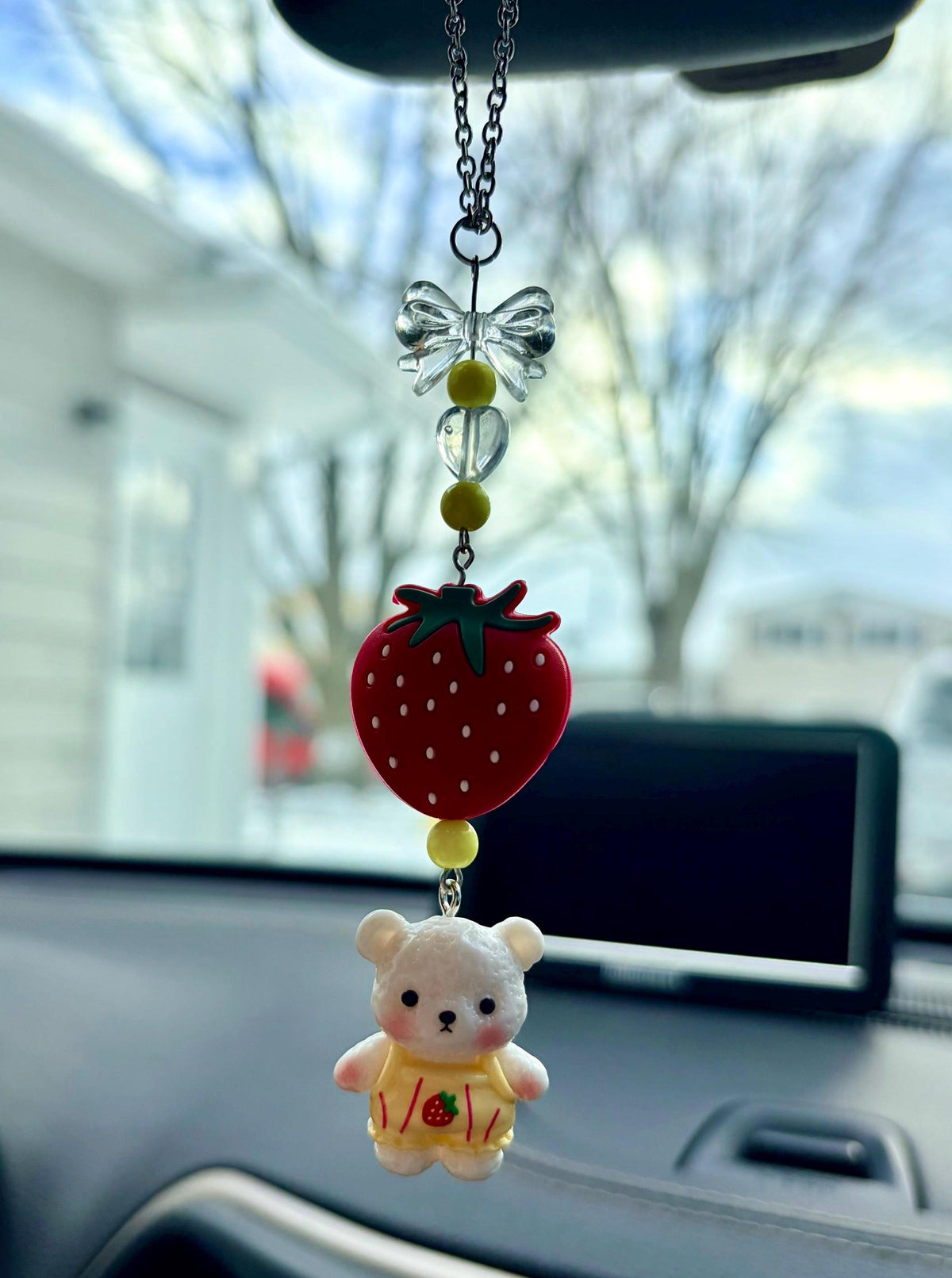 Strawberry Teddy Bear Rearview Mirror Dangler Accessory