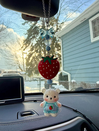 Strawberry Teddy Bear Rearview Mirror Dangler Accessory