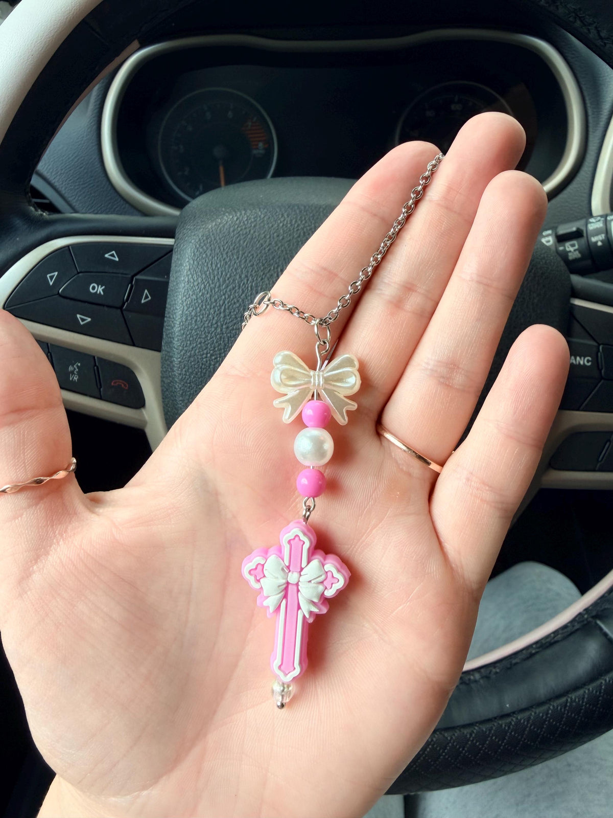 Girly Pink Cross Rearview Mirror Dangler Accessory