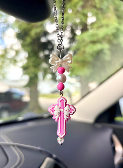 Girly Pink Cross Rearview Mirror Dangler Accessory