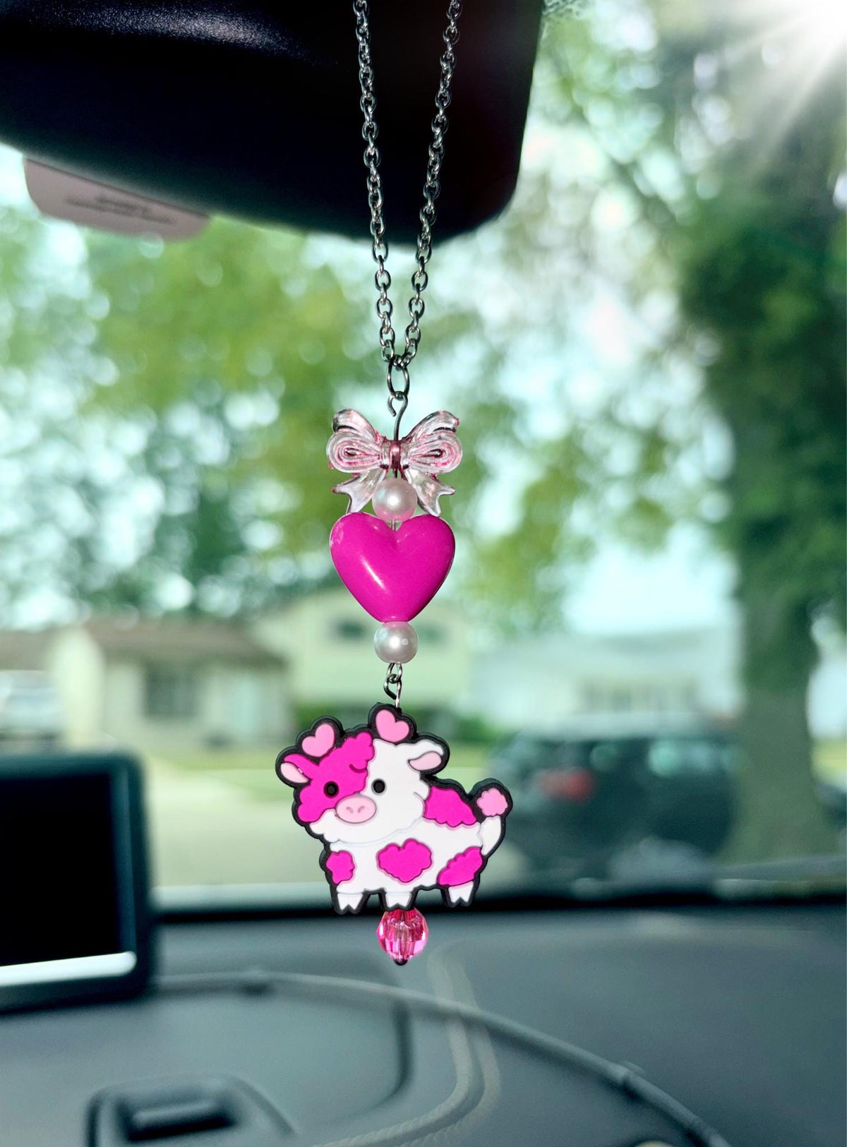 Pink Love Cow Rearview Mirror Dangler Accessory