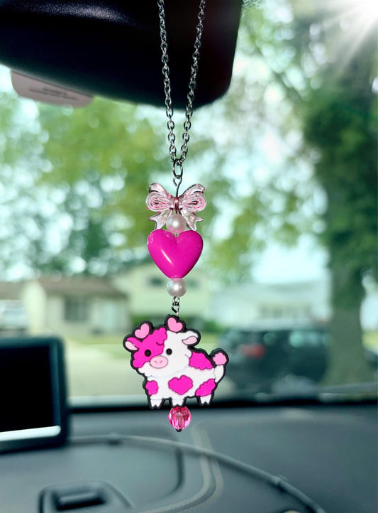 Pink Love Cow Rearview Mirror Dangler Accessory