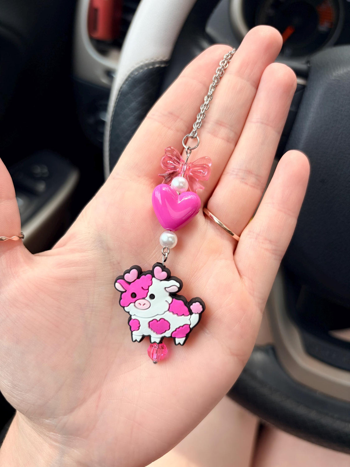 Pink Love Cow Rearview Mirror Dangler Accessory