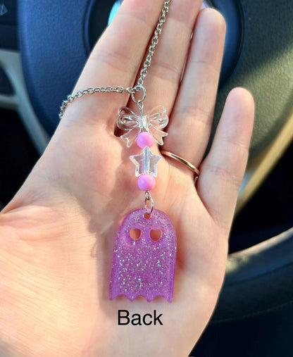 Pink Glitter Ghost Rearview Mirror Dangler Accessory