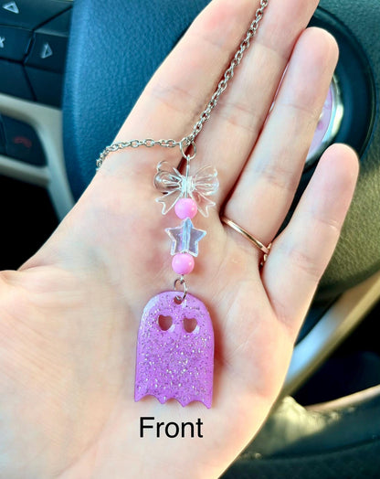 Pink Glitter Ghost Rearview Mirror Dangler Accessory