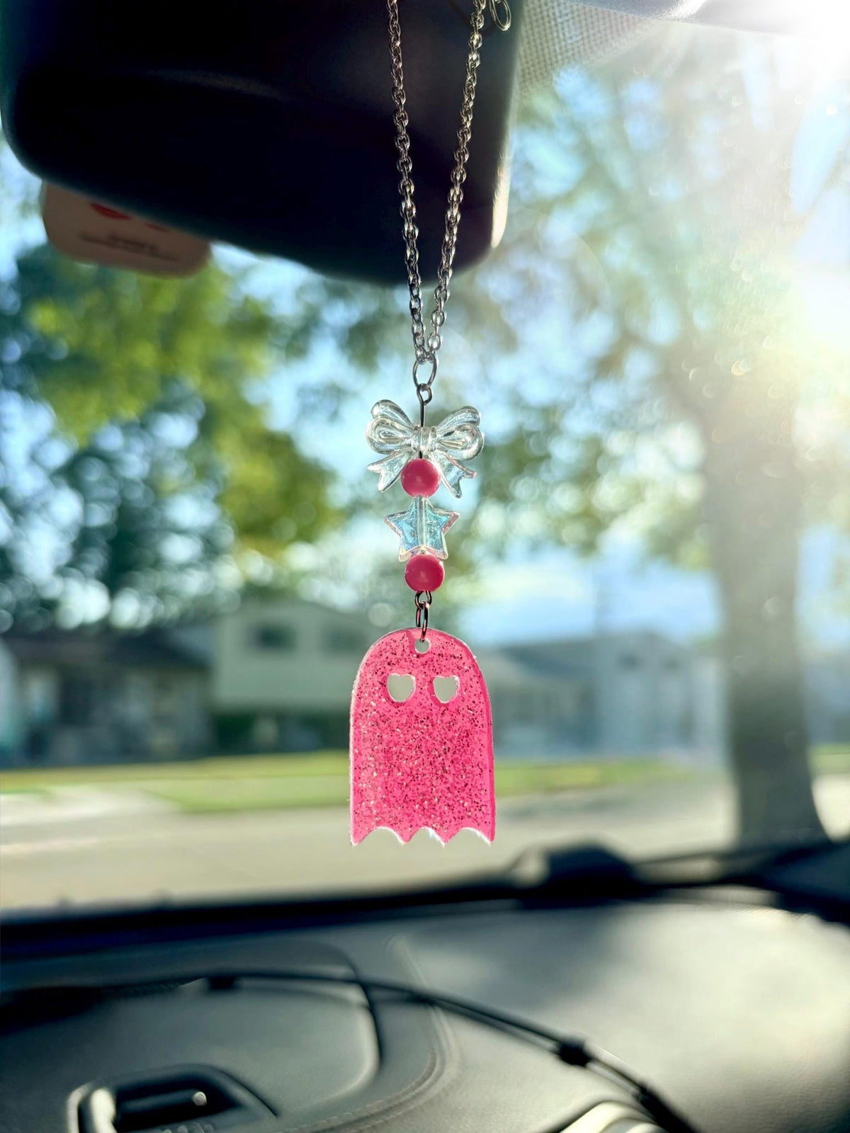 Pink Glitter Ghost Rearview Mirror Dangler Accessory