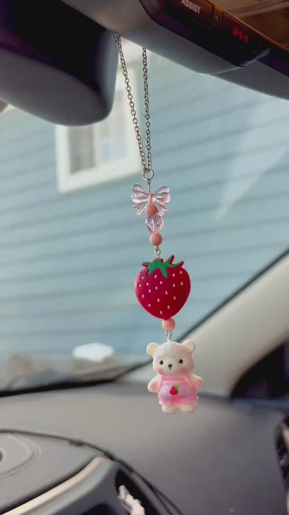 Strawberry Teddy Bear Rearview Mirror Dangler Accessory