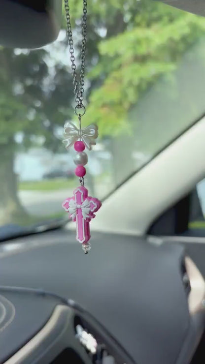 Girly Pink Cross Rearview Mirror Dangler Accessory