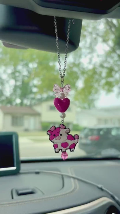 Pink Love Cow Rearview Mirror Dangler Accessory