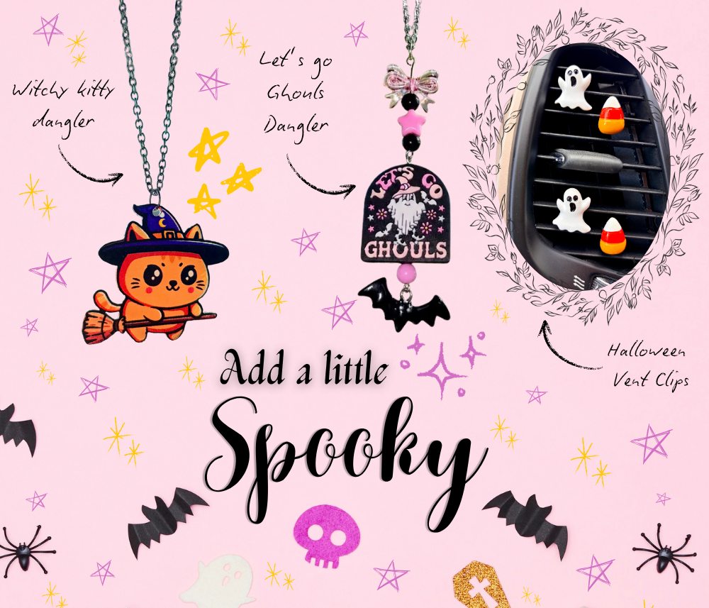 A pink Halloween-themed collage showing multiple decorative clip-on accessories: a witch cat pendant necklace, ghost car vent clips, a tombstone clip, a skull charm, a purple witch hat charm, a small skull-and-crossbones pin, and other spooky graphics. Handwritten labels point to different items on a light pink background with stars and bats.